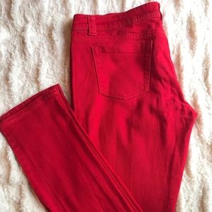 Red denim jeans.